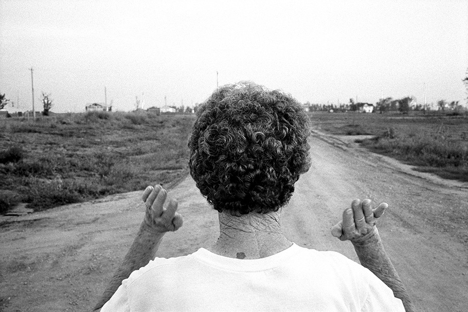 A woman, viewed from behind, surveys a landscape.
