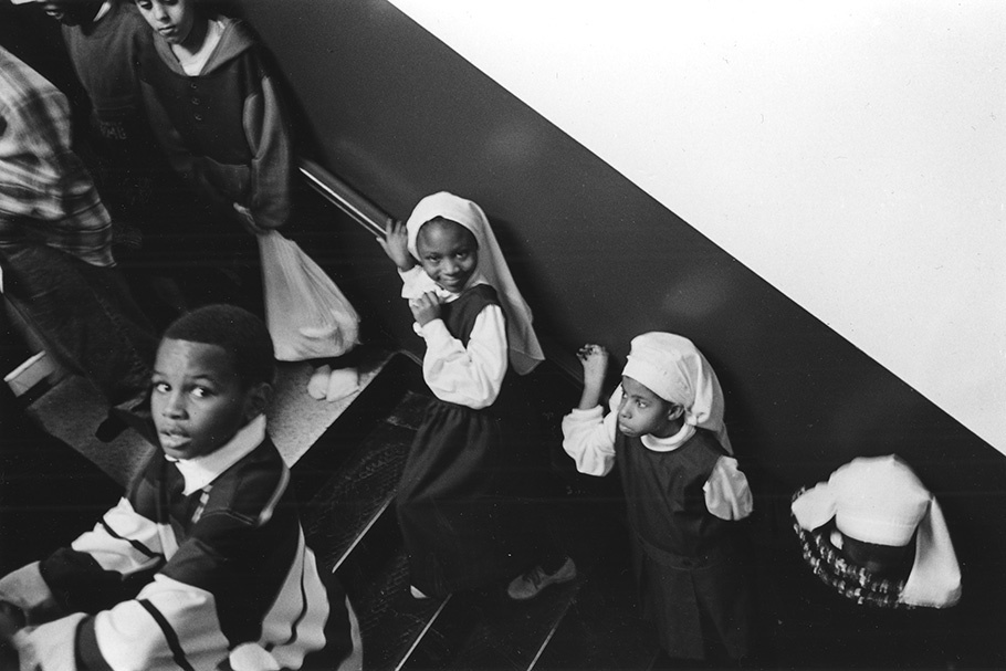 Schoolchildren on a staircase. 