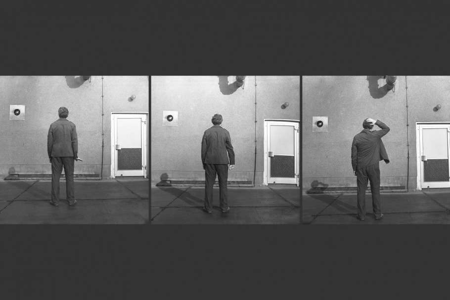 Triptych of man photographed from the back transmitting hand signals