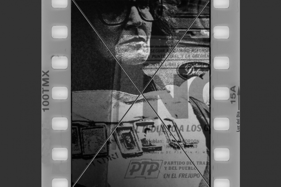 A film frame with a man wearing glasses.