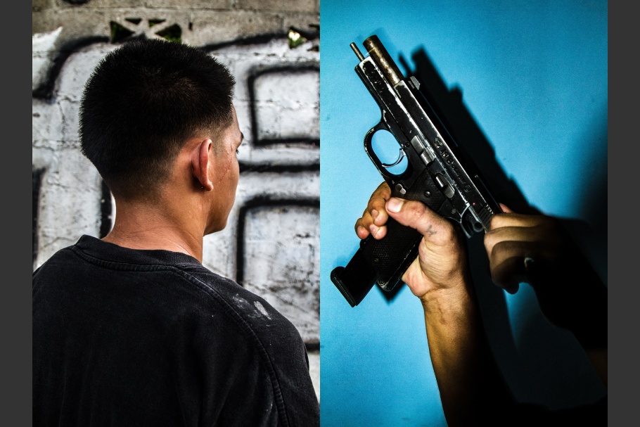 A diptych of a hand holding a gun and the back of a person's head