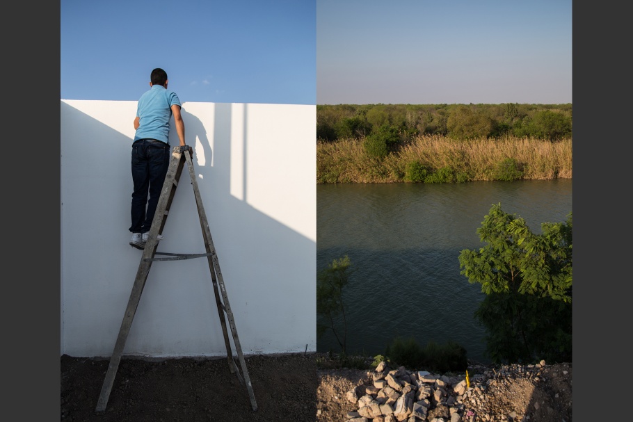 A diptych of a man standing on a ladder looking over a wall, and a river