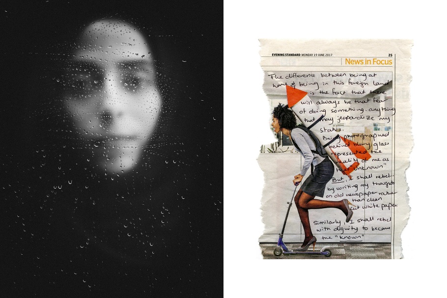 A diptych of a woman and a handwritten note on a newspaper article illustration 