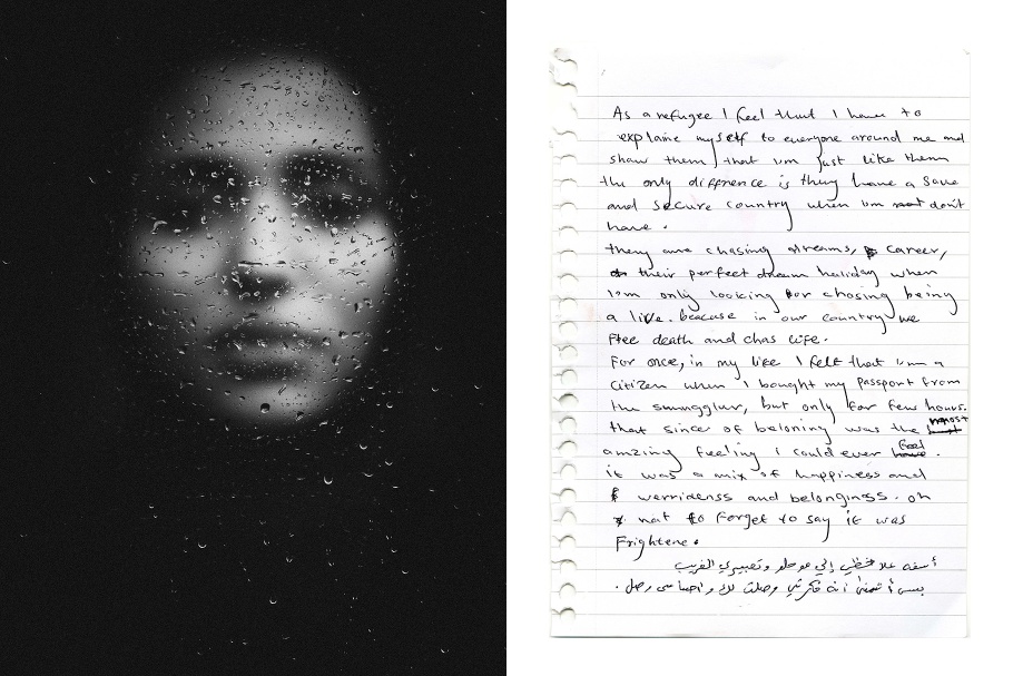 A diptych of a woman's face behind wet glass and a handwritten note