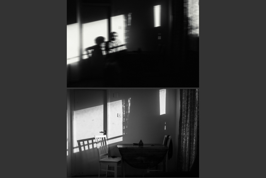A diptych of a woman at a table and an empty table