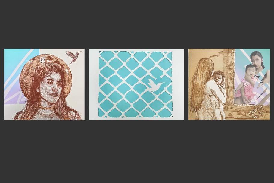 A triptych of a drawing of a woman wearing a hat with a bird above her, a woman looking in the mirror, and a bird